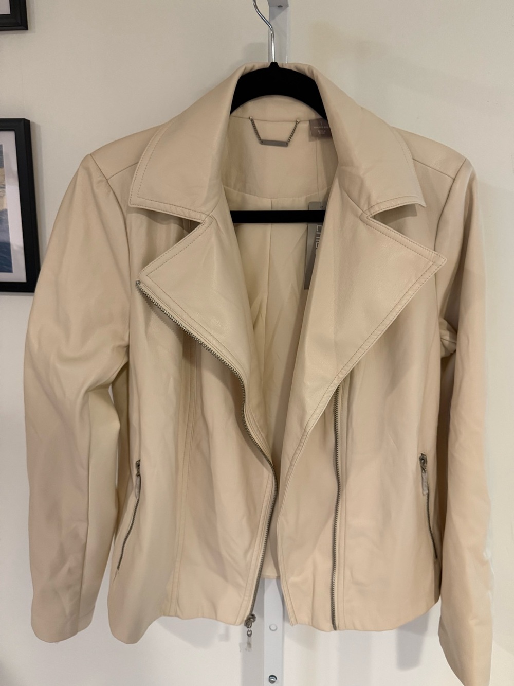 Chico's Cream Faux Leather Asymmetrical Zip Jacket
